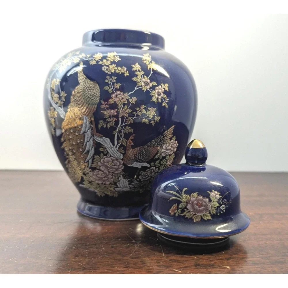 Vintage Shirakabe China Cobalt Blue Ginger Jar Pheasant Gold Gilt Made in Japan
